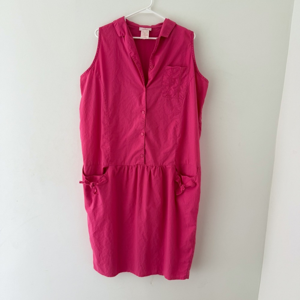 Vintage‎ 100% Cotton Pink Midi Dress L Bow Pocket Casual Coastal Grandma Summer